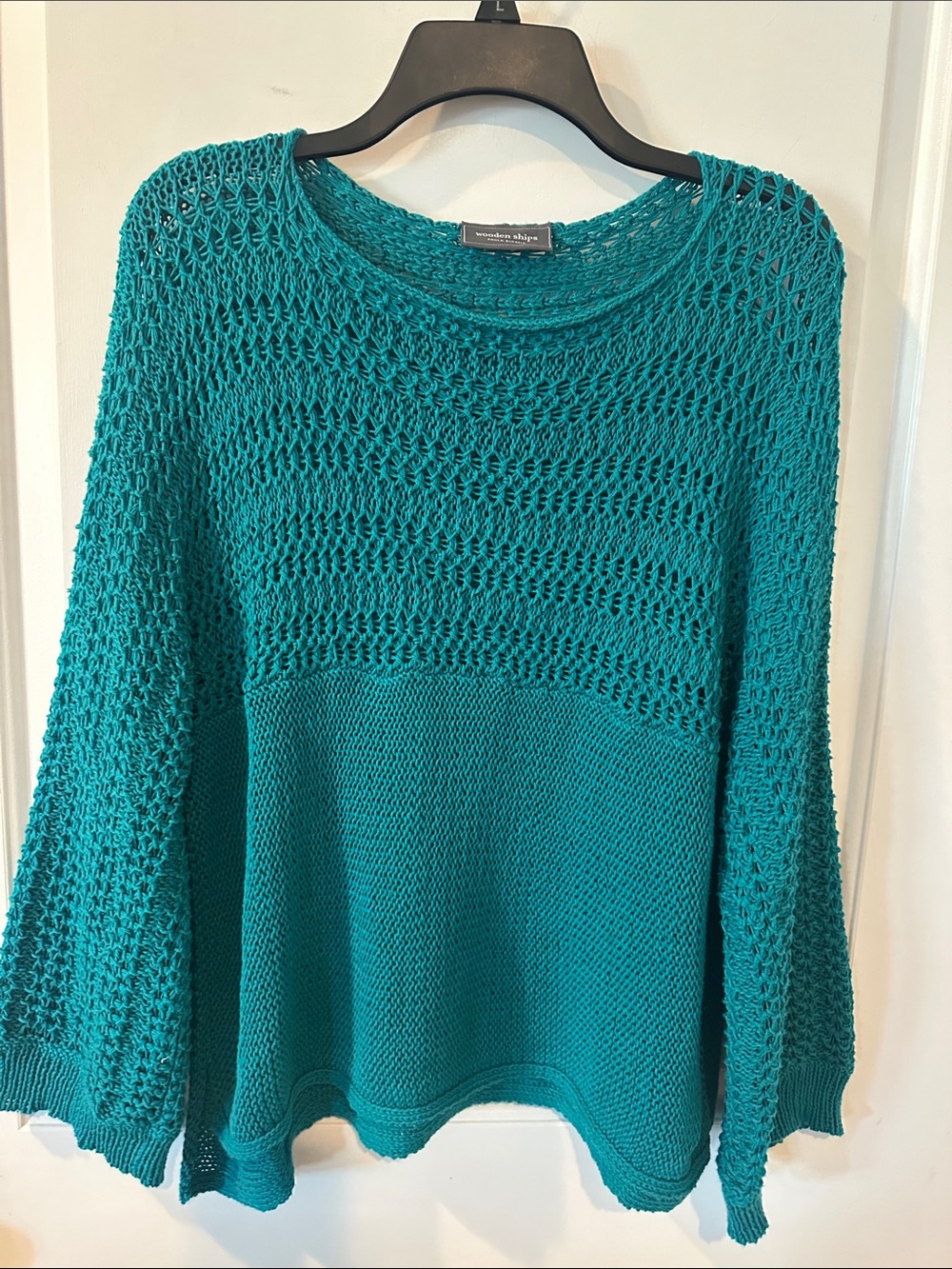 Wooden Ships Teal Open-Weave Crewneck Sweater